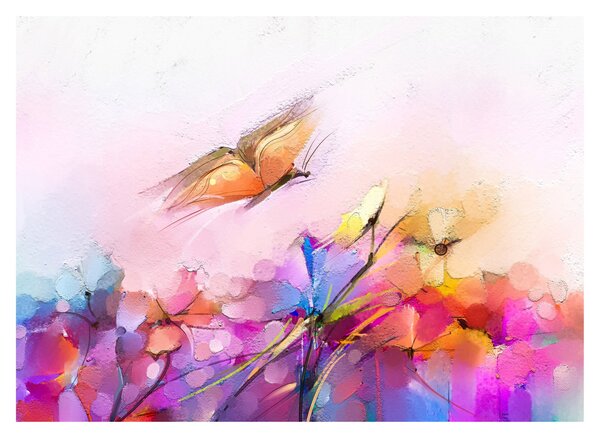 Tablou pe sticlă - Fluture asupra florilor, abstracție (70x50 cm)