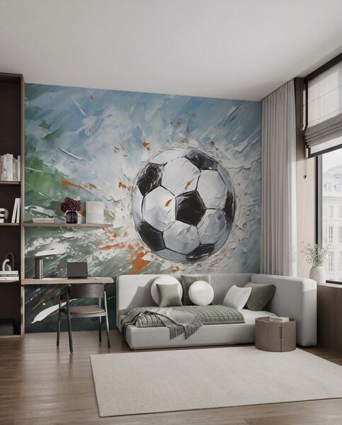 Tapet Fotbal mingea de zbor pictura in ulei arta abstracta, Fototapet pentru camera unui adolescent, Fototapet Fotbal, w08117 : Uwalls.ro