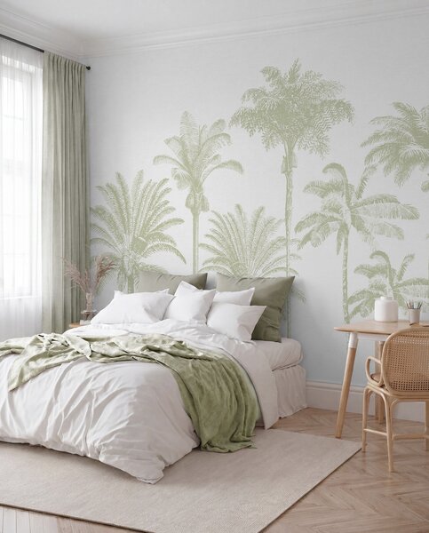Tapet Palmieri tropicali oază minimă de culoare verde, Fototapet Natură, w08111v3 : Uwalls.ro