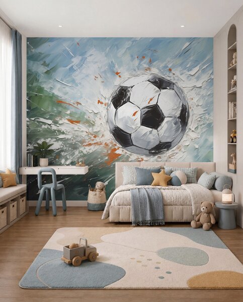 Tapet Fotbal mingea de zbor pictura in ulei arta abstracta, Fototapet pentru camera unui adolescent, Fototapet Fotbal, w08117 : Uwalls.ro