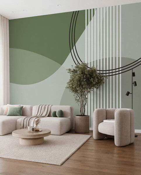 Tapet Geometric abstracție linie și cerc minimalism stil modern culoare verde, Fototapet Abstract, w08173v1 : Uwalls.ro