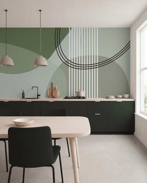 Tapet Geometric abstracție linie și cerc minimalism stil modern culoare verde, Fototapet Abstract, w08173v1 : Uwalls.ro