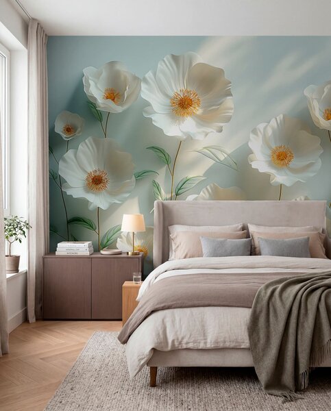 Tapet Mac alb pe un perete cu lumina soarelui și efect 3D, Fototapet 3D, Fototapet 3D Flori, w01339 : Uwalls.ro