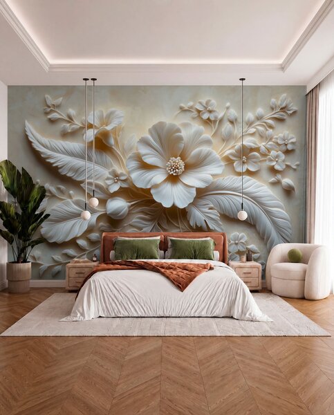 Tapet artă de perete în relief 3D cu pene și flori, cu un mac mare în culori bej, Fototapet 3D, Fototapet 3D Flori, w01340 : Uwalls.ro