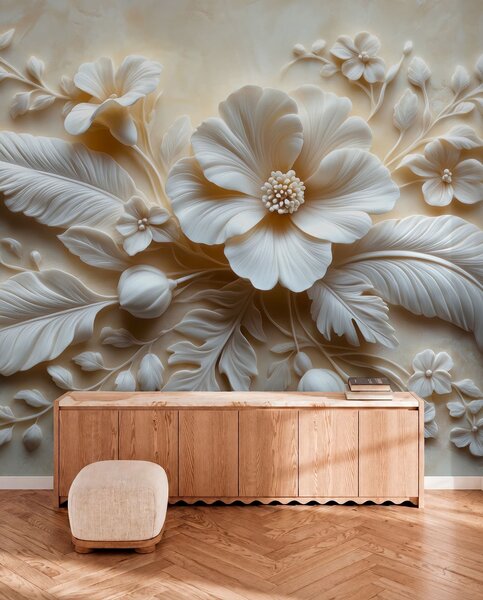 Tapet artă de perete în relief 3D cu pene și flori, cu un mac mare în culori bej, Fototapet 3D, Fototapet 3D Flori, w01340 : Uwalls.ro