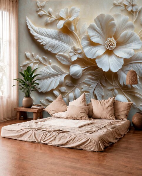 Tapet artă de perete în relief 3D cu pene și flori, cu un mac mare în culori bej, Fototapet 3D, Fototapet 3D Flori, w01340 : Uwalls.ro