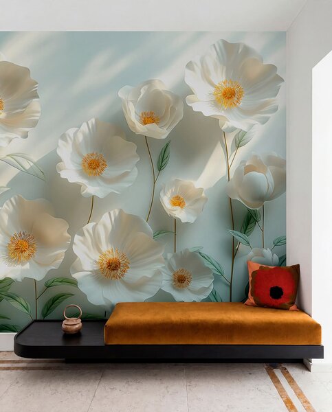 Tapet Mac alb pe un perete cu lumina soarelui și efect 3D, Fototapet 3D, Fototapet 3D Flori, w01339 : Uwalls.ro