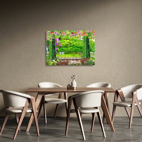 Tablou pe sticlă - Grădina magică cu lebede (70x50 cm)
