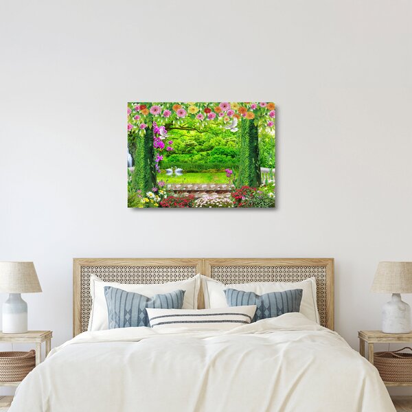 Tablou pe sticlă - Grădina magică cu lebede (70x50 cm)