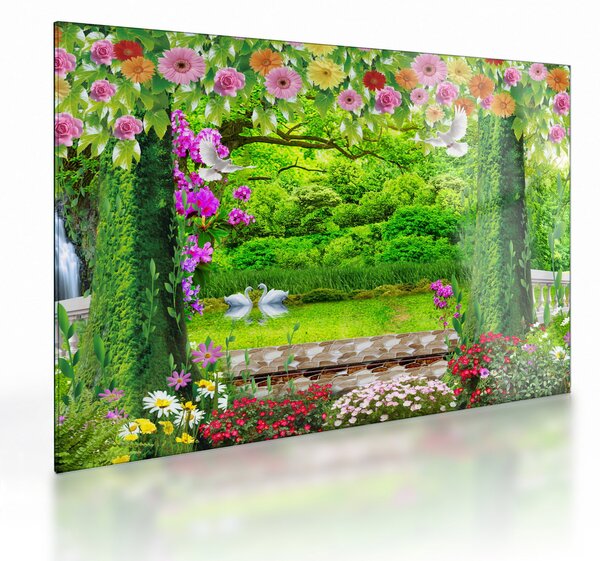 Tablou pe sticlă - Grădina magică cu lebede (70x50 cm)