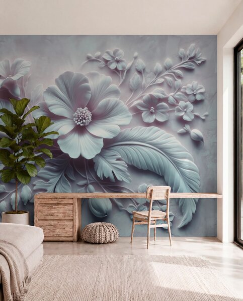 Tapet artă de perete în relief 3D cu pene și flori, cu un mac mare în culori albastru deschis, Fototapet 3D, Fototapet 3D Flori, w01340v2 : Uwalls.ro