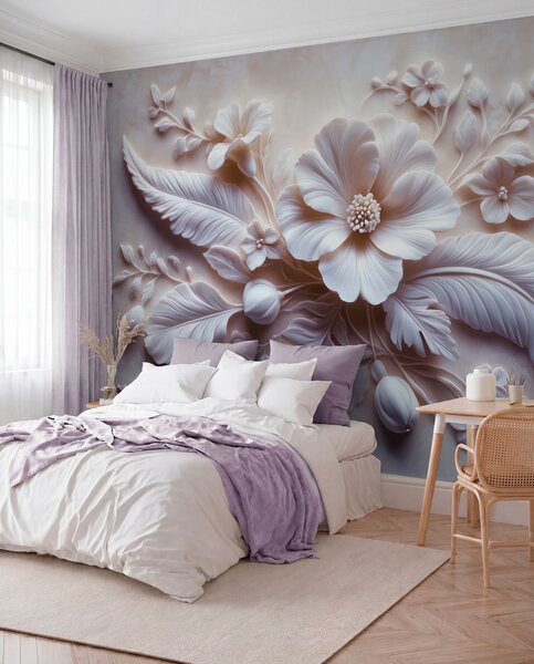 Tapet artă de perete 3D în relief cu pene și flori, cu un mac mare în culori roz deschis, Fototapet 3D, Fototapet 3D Flori, w01340v1 : Uwalls.ro