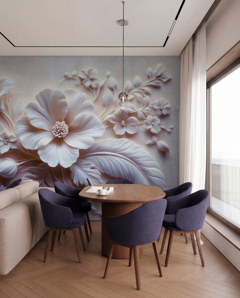 Tapet artă de perete 3D în relief cu pene și flori, cu un mac mare în culori roz deschis, Fototapet 3D, Fototapet 3D Flori, w01340v1 : Uwalls.ro