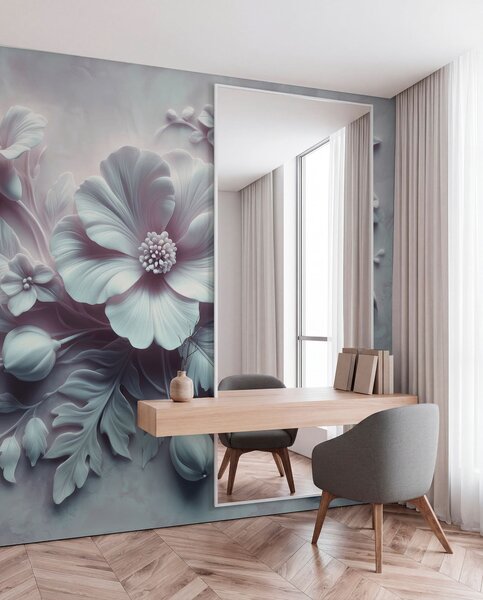 Tapet artă de perete în relief 3D cu pene și flori, cu un mac mare în culori albastru deschis, Fototapet 3D, Fototapet 3D Flori, w01340v2 : Uwalls.ro