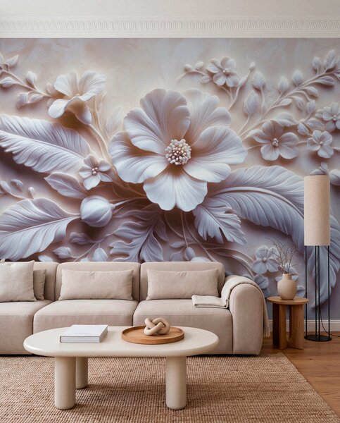 Tapet artă de perete 3D în relief cu pene și flori, cu un mac mare în culori roz deschis, Fototapet 3D, Fototapet 3D Flori, w01340v1 : Uwalls.ro