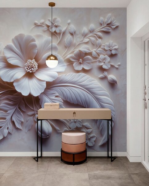 Tapet artă de perete 3D în relief cu pene și flori, cu un mac mare în culori roz deschis, Fototapet 3D, Fototapet 3D Flori, w01340v1 : Uwalls.ro