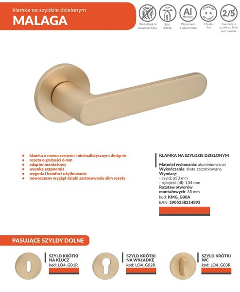Mâner de ușă Kuchinox Malaga, auriu mat, LAV-KMG_G00A