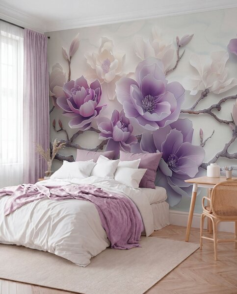 Tapet Flori de magnolie mov în relief pe o ramură grațioasă, Fototapet Flori, w01359 : Uwalls.ro