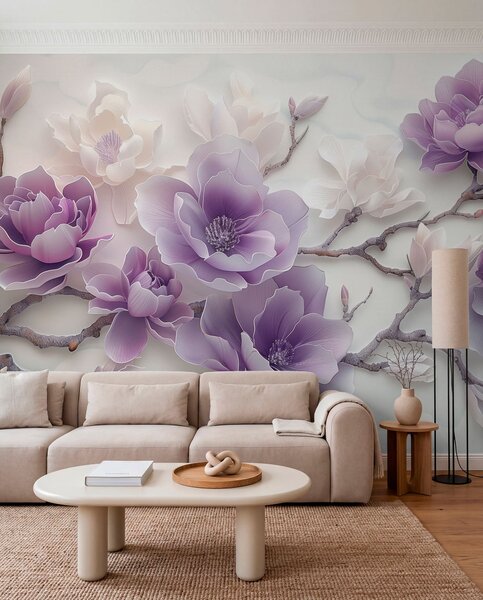 Tapet Flori de magnolie mov în relief pe o ramură grațioasă, Fototapet Flori, w01359 : Uwalls.ro