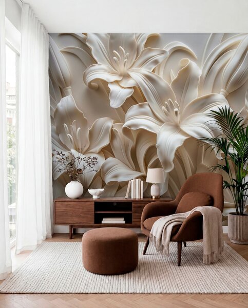 Tapet Relief elegant bej 3d de crini sculptati, Fototapet 3D, Fototapet 3D Flori, w01433 : Uwalls.ro