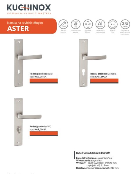 Mâner de ușă Kuchinox Aster pe feronerie lungă pentru cilindru, satinat mat, LAV-KAS_3M2A