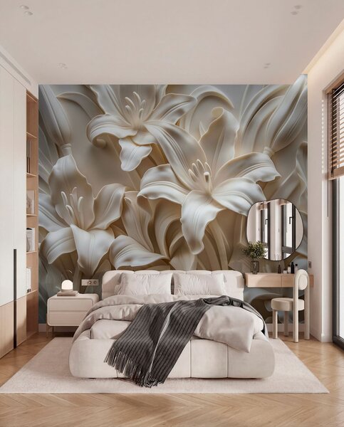 Tapet Relief elegant bej 3d de crini sculptati, Fototapet 3D, Fototapet 3D Flori, w01433 : Uwalls.ro