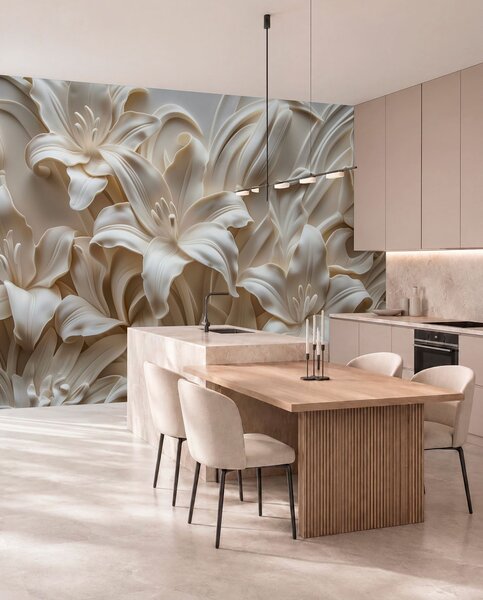 Tapet Relief elegant bej 3d de crini sculptati, Fototapet 3D, Fototapet 3D Flori, w01433 : Uwalls.ro