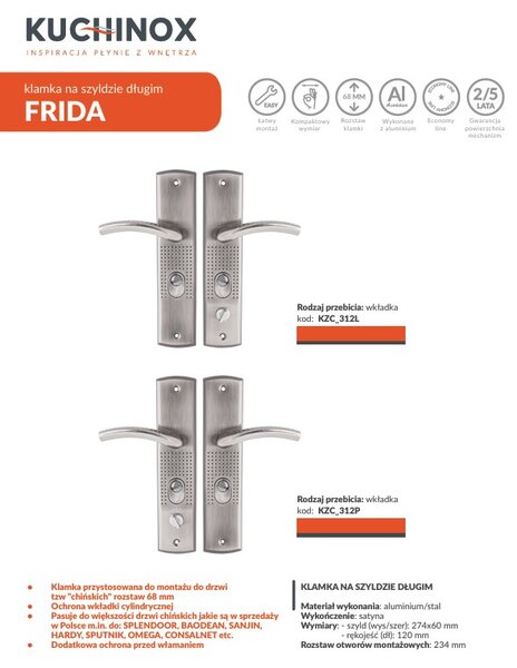 Mâner exterior Kuchinox Frida pe montaj lung pentru cilindru, mâner stânga, satinat, LAV-KZC_312L