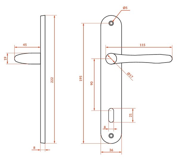 Mâner de ușă Kuchinox Ewa, cu montare lungă pentru cheie interioară, satinat, LAV-KEW_316A