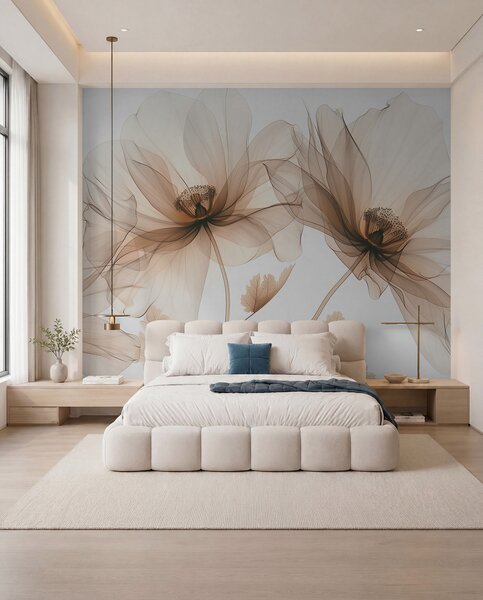 Tapet Floare transparentă delicată în stil cu raze X pe fundal alb Design botanic monocrom, Fototapet Flori, Fototapet Flori Mari, w01482 : Uwalls.ro