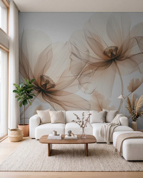 Tapet Floare transparentă delicată în stil cu raze X pe fundal alb Design botanic monocrom, Fototapet Flori, Fototapet Flori Mari, w01482 : Uwalls.ro