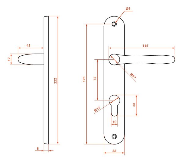 Mâner de ușă Kuchinox Ewa pe feronerie lungă pentru cilindru PZ, satinat, LAV-KEW_312A