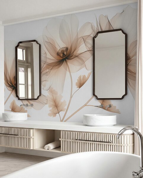 Tapet Floare transparentă delicată în stil cu raze X pe fundal alb Design botanic monocrom, Fototapet Flori, Fototapet Flori Mari, w01482 : Uwalls.ro