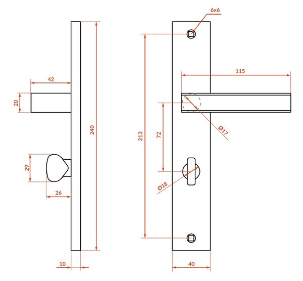 Mâner de ușă Kuchinox Aster pe feronerie lungă pentru încuietoare de toaletă, satinat mat, LAV-KAS_3M3A