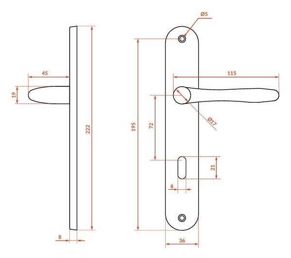 Mâner de ușă Kuchinox Ewa, cu montare lungă pentru cheie interioară, satinat, LAV-KEW_311A