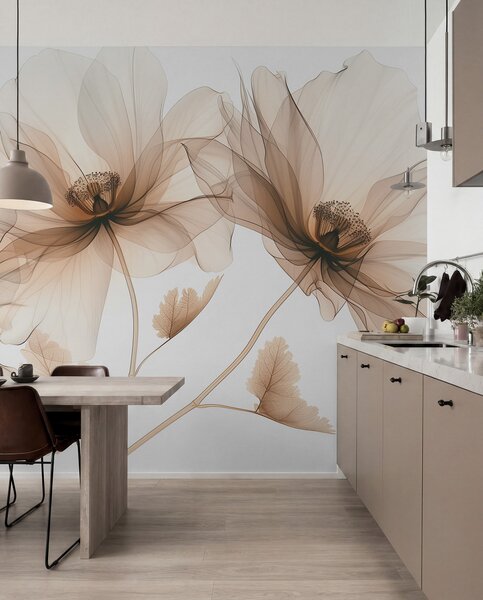 Tapet Floare transparentă delicată în stil cu raze X pe fundal alb Design botanic monocrom, Fototapet Flori, Fototapet Flori Mari, w01482 : Uwalls.ro