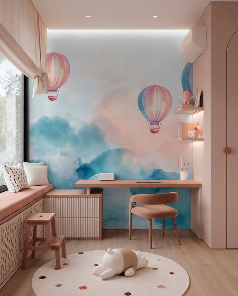 Tapet Baloane acuarele în nori, Fototapet Pentru Copii, Fototapet Baloane, w01011 : Uwalls.ro