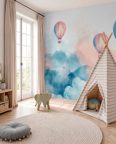 Tapet Baloane acuarele în nori, Fototapet Pentru Copii, Fototapet Baloane, w01011 : Uwalls.ro