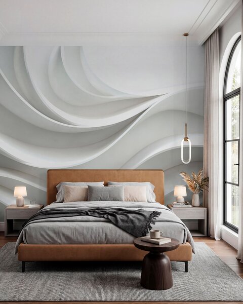 Tapet Forma de undă abstractă volumetrică 3d albă, Fototapet Modern, w01471 : Uwalls.ro