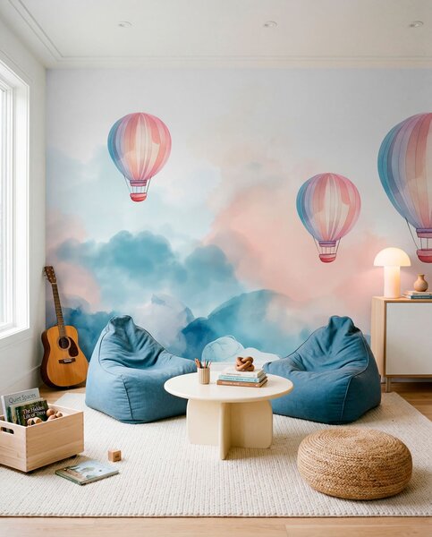 Tapet Baloane acuarele în nori, Fototapet Pentru Copii, Fototapet Baloane, w01011 : Uwalls.ro