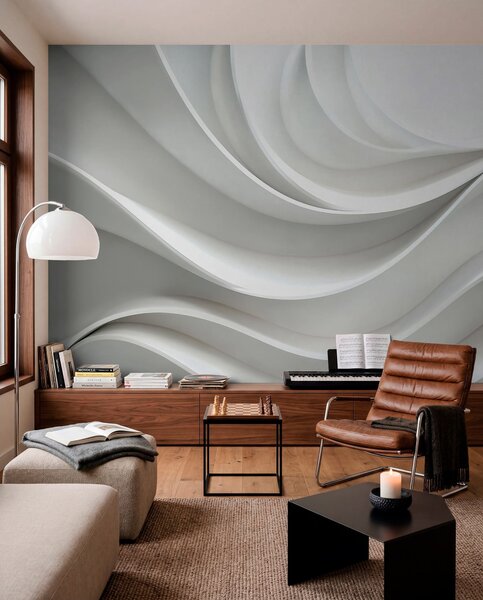 Tapet Forma de undă abstractă volumetrică 3d albă, Fototapet Modern, w01471 : Uwalls.ro