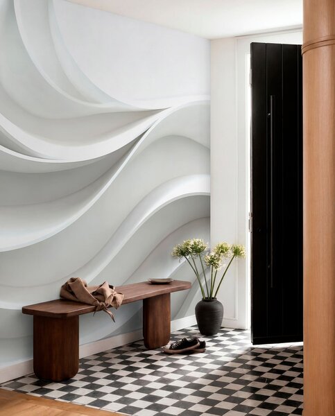 Tapet Forma de undă abstractă volumetrică 3d albă, Fototapet Modern, w01471 : Uwalls.ro