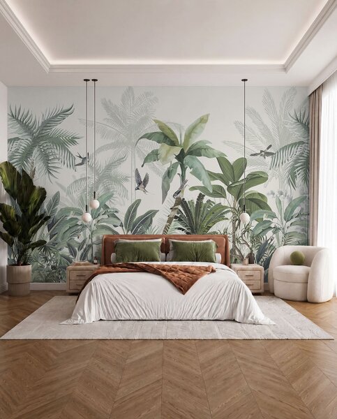 Tapet O scenă luxuriantă de junglă tropicală cu diferiți palmieri, frunze mari și flori colorate în prim plan, Fototapet Natură, w08239 : Uwalls.ro