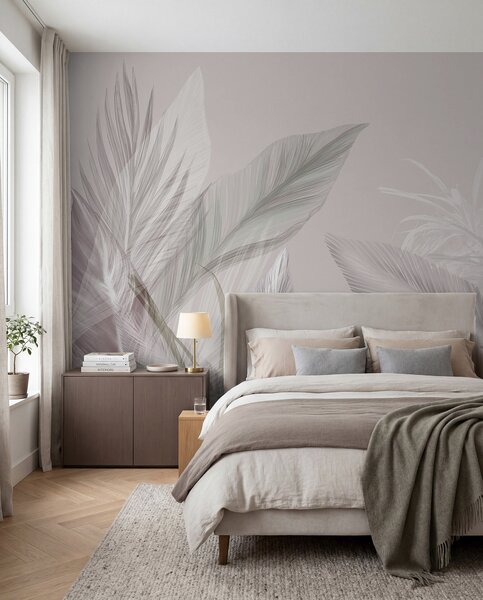 Tapet Pene moi albe, roz și gri și frunze tropicale care plutesc pe un fundal deschis, Fototapet Natură, Fototapet Frunze, w08241v1 : Uwalls.ro