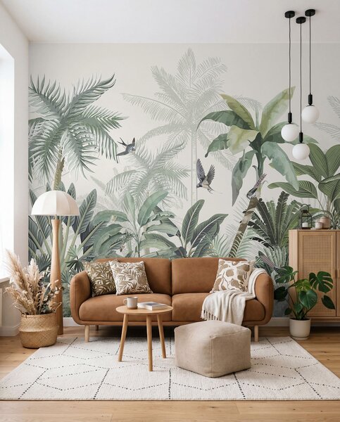 Tapet O scenă luxuriantă de junglă tropicală cu diferiți palmieri, frunze mari și flori colorate în prim plan, Fototapet Natură, w08239 : Uwalls.ro