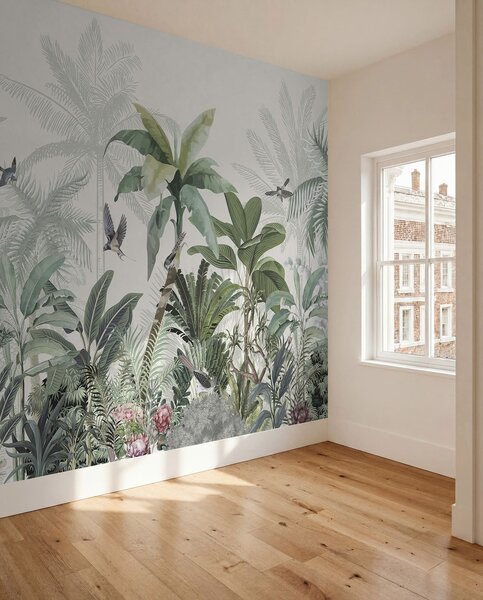 Tapet O scenă luxuriantă de junglă tropicală cu diferiți palmieri, frunze mari și flori colorate în prim plan, Fototapet Natură, w08239 : Uwalls.ro