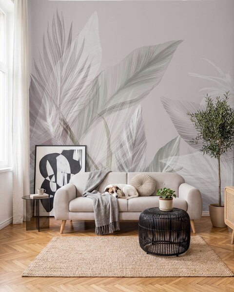 Tapet Pene moi albe, roz și gri și frunze tropicale care plutesc pe un fundal deschis, Fototapet Natură, Fototapet Frunze, w08241v1 : Uwalls.ro
