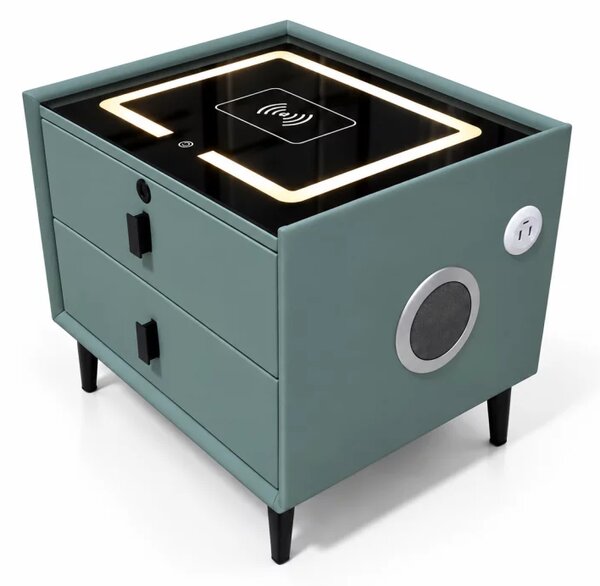 Noptiera inteligenta cu incarcare wireless,difuzor bluetooth,iluminare LED,2 sertare, green