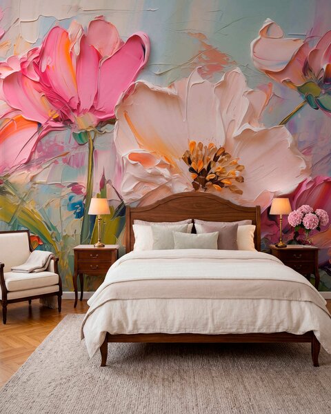 Tapet Flori roz strălucitoare pe un fundal gri albastru deschis, Fototapet 3D, Fototapet 3D Flori, w01039 : Uwalls.ro