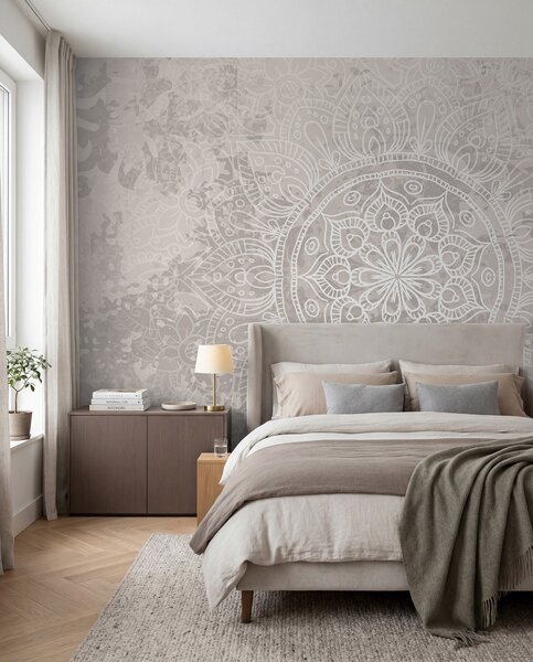 Tapet Un model de mandala alb detaliat pe un fundal vintage cu textura gri deschis, Fototapet în stil oriental, w08246 : Uwalls.ro